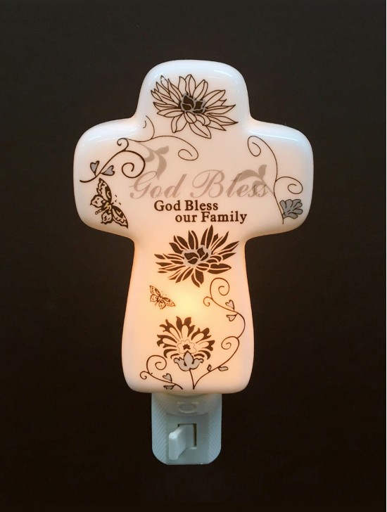 Porcelain "God Bless Our Home" Cross Night Light with Gift Box